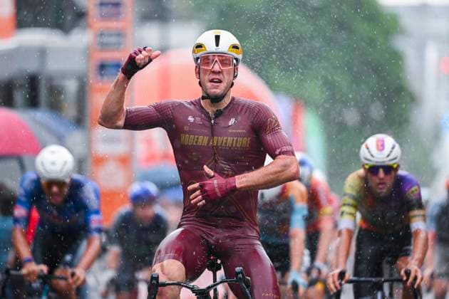 Tour de Wallonie 2026 Stage 2 LIBRAMONT-CHEVIGNY, BELGIUM - JUNE 02 : Oliver Ben (NZL) of Modern Adventure Pro Cycling celebrating his victory during stage 2 of the 47th edition of Ethias Tour de Wallonie an UCI ProSeries 2.Pro cycling road race stage for Men Elite of 192.1 km with start in Jodoigne and finish in Libramont-Chevigny on June 2, 2026 in Libramont-Chevigny, Belgium, 02 06 2026 ( Motordriver Pieter Van Herzele - Libramont-Chevigny Belgium  Copyright: xVincentxKalutx