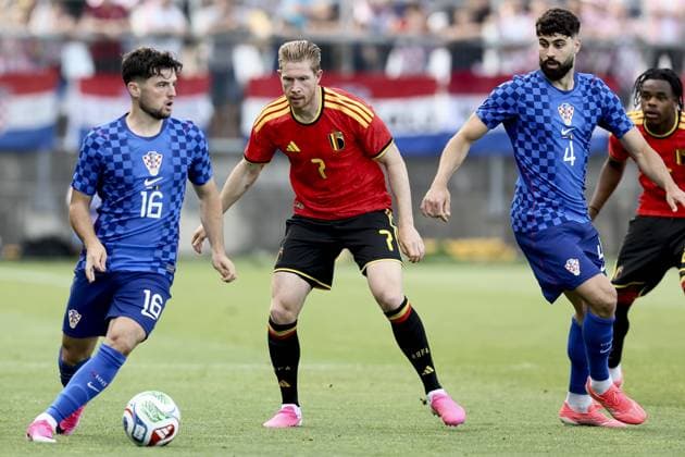 Croatia s Martin Baturina, Belgium s Kevin De Bruyne and Croatia s Josko Gvardiol pictured during a friendly soccer game between Croatia and Belgian national soccer team Red Devils, in Rijeka, Croatia, on Tuesday 02 June 2026, part of the preparations for the 2026 FIFA World Cup, WM, Weltmeisterschaft, Fussball BRUNOxFAHY  x175752002x