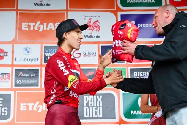 Tour de Wallonie 2026 Stage 2 LIBRAMONT-CHEVIGNY, BELGIUM - JUNE 02 : Florez Samuel (COL) of Modern Adventure Pro Cycling on the podium during stage 2 of the 47th edition of Ethias Tour de Wallonie an UCI ProSeries 2.Pro cycling road race stage for Men Elite of 192.1 km with start in Jodoigne and finish in Libramont-Chevigny on June 2, 2026 in Libramont-Chevigny, Belgium, 02 06 2026 ( Motordriver Pieter Van Herzele - Libramont-Chevigny Belgium  Copyright: xVincentxKalutx
