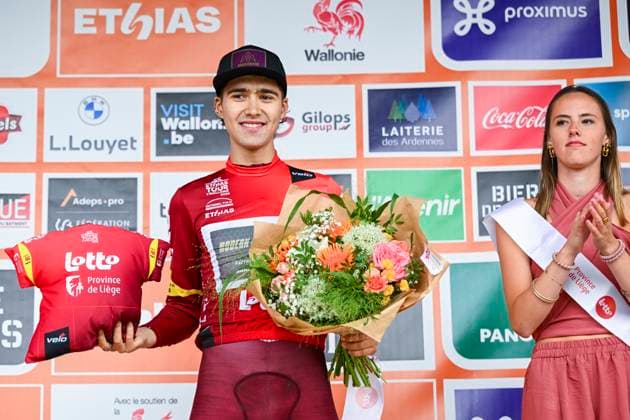 Tour de Wallonie 2026 Stage 2 LIBRAMONT-CHEVIGNY, BELGIUM - JUNE 02 : Florez Samuel (COL) of Modern Adventure Pro Cycling on the podium during stage 2 of the 47th edition of Ethias Tour de Wallonie an UCI ProSeries 2.Pro cycling road race stage for Men Elite of 192.1 km with start in Jodoigne and finish in Libramont-Chevigny on June 2, 2026 in Libramont-Chevigny, Belgium, 02 06 2026 ( Motordriver Pieter Van Herzele - Libramont-Chevigny Belgium  Copyright: xVincentxKalutx