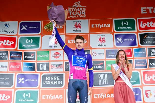 Tour de Wallonie 2026 Stage 2 LIBRAMONT-CHEVIGNY, BELGIUM - JUNE 02 : Hellemose Asbjorn (DEN) of Team Jayco AlUla on the podium during stage 2 of the 47th edition of Ethias Tour de Wallonie an UCI ProSeries 2.Pro cycling road race stage for Men Elite of 192.1 km with start in Jodoigne and finish in Libramont-Chevigny on June 2, 2026 in Libramont-Chevigny, Belgium, 02 06 2026 ( Motordriver Pieter Van Herzele - Libramont-Chevigny Belgium  Copyright: xVincentxKalutx