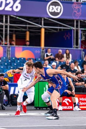 Warszawa 02.06.2026. 3x3 Basketball World Cup Day 2 in Warsaw, Poland. Czech Republic - Mongolia match --- Mistrzostwa Swiata w koszykowce 3x3 Dzien 2 w Warszawie. Mecz Czechy - Mongolia Persons Shown : Filip Novotny Anand Ariunbold Fot. Kai Taller Arena Akcji NEWSPIX.PL --- newspix.pl 