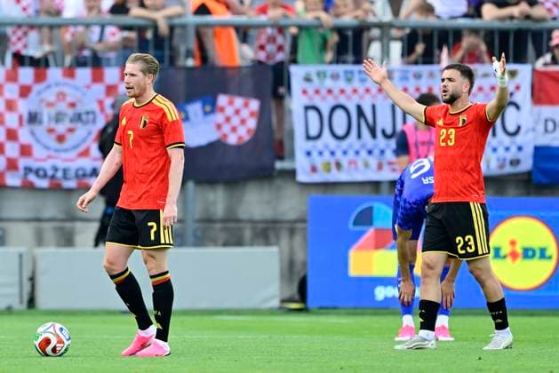 Croatia vs Belgium - friendly match RIJEKA, CROATIA - JUNE 02 : De Bruyne Kevin forward of Belgium and Raskin Nicolas midfielder of Belgium gesturing during a friendly match between Croatia and Belgium ahead of the FIFA World Cup, WM, Weltmeisterschaft, Fussball 2026 on June 02, 2026 in Rijeka, Croatia, 02 06 2026 Rijeka Croatia  Copyright: xJanxDexMeuleneirx
