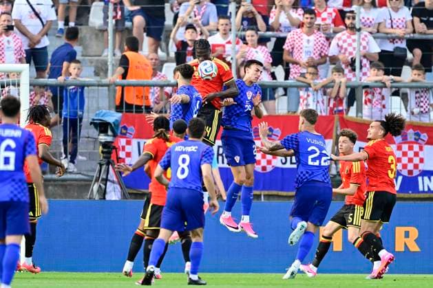 Croatia vs Belgium - friendly match RIJEKA, CROATIA - JUNE 02 : Onana Amadou midfielder of Belgium jumping up to reach the ball during a friendly match between Croatia and Belgium ahead of the FIFA World Cup, WM, Weltmeisterschaft, Fussball 2026 on June 02, 2026 in Rijeka, Croatia, 02 06 2026 Rijeka Croatia  Copyright: xJanxDexMeuleneirx
