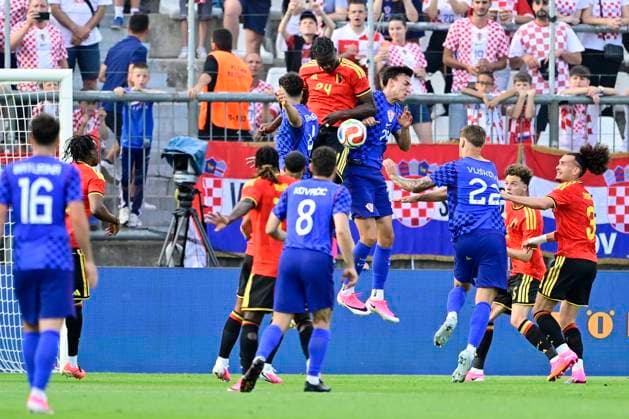 Croatia vs Belgium - friendly match RIJEKA, CROATIA - JUNE 02 : Onana Amadou midfielder of Belgium jumping up to reach the ball during a friendly match between Croatia and Belgium ahead of the FIFA World Cup, WM, Weltmeisterschaft, Fussball 2026 on June 02, 2026 in Rijeka, Croatia, 02 06 2026 Rijeka Croatia  Copyright: xJanxDexMeuleneirx