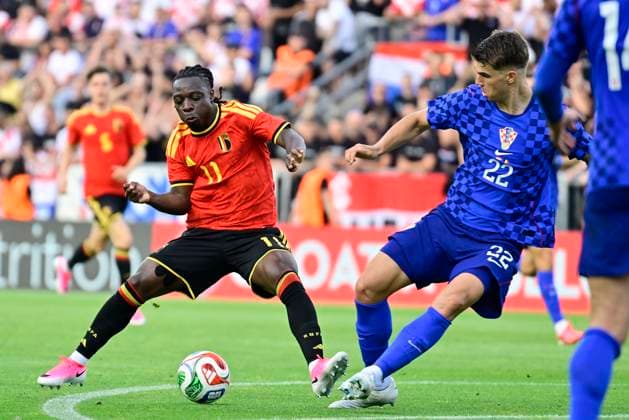 Croatia vs Belgium - friendly match RIJEKA, CROATIA - JUNE 02 : Doku Jeremy forward of Belgium in action with Vuskovic Luka defender of Croatia during a friendly match between Croatia and Belgium ahead of the FIFA World Cup, WM, Weltmeisterschaft, Fussball 2026 on June 02, 2026 in Rijeka, Croatia, 02 06 2026 Rijeka Croatia  Copyright: xJanxDexMeuleneirx