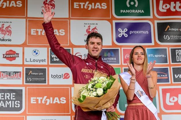 New Zealander Ben Oliver of Modern Adventure Pro Cycling pictured on the podium after the second stage of the Tour De Wallonie cycling race, 192 km from Jodoigne to Libramont-Chevigny, on Tuesday 02 June 2026. DAVIDxPINTENS  x175756337x