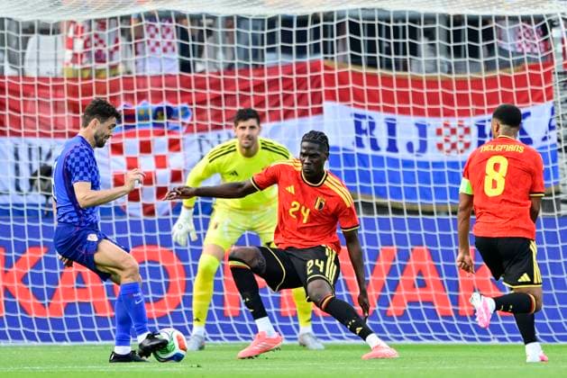Croatia vs Belgium - friendly match RIJEKA, CROATIA - JUNE 02 : Kovacic Mateo midfielder of Croatia is challenged by Onana Amadou midfielder of Belgium, Tielemans Youri midfielder of Belgium and Courtois Thibaut goalkeeper of Belgium during a friendly match between Croatia and Belgium ahead of the FIFA World Cup, WM, Weltmeisterschaft, Fussball 2026 on June 02, 2026 in Rijeka, Croatia, 02 06 2026 Rijeka Croatia  Copyright: xJanxDexMeuleneirx