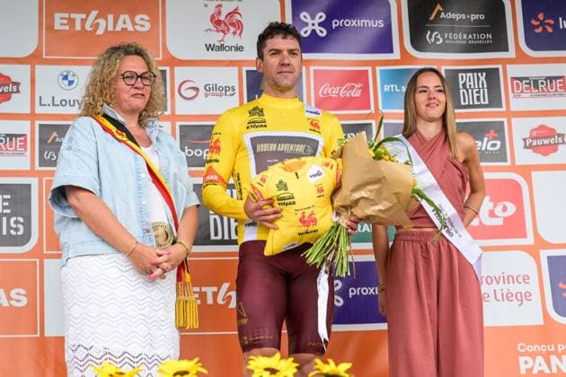 New Zealander Ben Oliver of Modern Adventure Pro Cycling pictured on the podium after the second stage of the Tour De Wallonie cycling race, 192 km from Jodoigne to Libramont-Chevigny, on Tuesday 02 June 2026. DAVIDxPINTENS  x175756461x