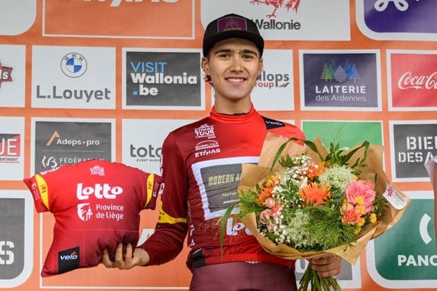Colombian Samuel Florez of Modern Adventure Pro Cycling pictured on the podium after the second stage of the Tour De Wallonie cycling race, 192 km from Jodoigne to Libramont-Chevigny, on Tuesday 02 June 2026. DAVIDxPINTENS  x175756466x