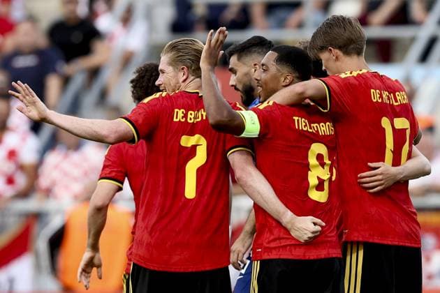 Belgium s Kevin De Bruyne and Belgium s Youri Tielemans celebrate after scoring during a friendly soccer game between Croatia and Belgian national soccer team Red Devils, in Rijeka, Croatia, on Tuesday 02 June 2026, part of the preparations for the 2026 FIFA World Cup, WM, Weltmeisterschaft, Fussball BRUNOxFAHY  x175756854x