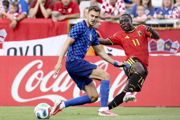 Croatia s Nikola Moro and Belgium s Jeremy Doku fight for the ball during a friendly soccer game between Croatia and Belgian national soccer team Red Devils, in Rijeka, Croatia, on Tuesday 02 June 2026, part of the preparations for the 2026 FIFA World Cup, WM, Weltmeisterschaft, Fussball BRUNOxFAHY  x175757430x