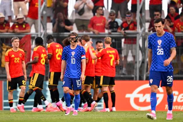 Croatia vs Belgium - friendly match RIJEKA, CROATIA - JUNE 02 : Modric Luka midfielder of Croatia and Musa Petar forward of Croatia look dejected as Belgium celebrates scoring a goal during a friendly match between Croatia and Belgium ahead of the FIFA World Cup, WM, Weltmeisterschaft, Fussball 2026 on June 02, 2026 in Rijeka, Croatia, 02 06 2026 Rijeka Croatia  Copyright: xTomasxSiskx