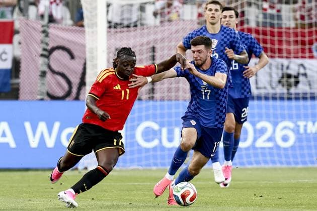 Belgium s Jeremy Doku and Croatia s Petar Sucic pictured during a friendly soccer game between Croatia and Belgian national soccer team Red Devils, in Rijeka, Croatia, on Tuesday 02 June 2026, part of the preparations for the 2026 FIFA World Cup, WM, Weltmeisterschaft, Fussball BRUNOxFAHY  x175758159x