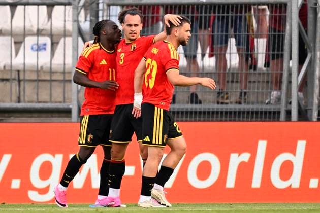 Croatia vs Belgium - friendly match RIJEKA, CROATIA - JUNE 02 : Doku Jeremy forward of Belgium, Theate Arthur defender of Belgium and Raskin Nicolas midfielder of Belgium celebrate during a friendly match between Croatia and Belgium ahead of the FIFA World Cup, WM, Weltmeisterschaft, Fussball 2026 on June 02, 2026 in Rijeka, Croatia, 02 06 2026 Rijeka Croatia  Copyright: xTomasxSiskx