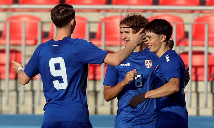 02.06.2026 Stara Pazova Serbia-Romania U17, U 17 U-17 Under 17 International Friendly, Länderspiel, Nationalmannschaft men s football Veljko Pejovic,Balsa Tadic Serbia celebration :