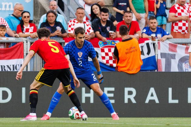 Pre World cup international friendly 2026 match between Croatia and Belgium Josip Stanisic Croatia 2 and Maximiliano De Cuyper Belgium 5 seen in action during Pre World cup international friendly 2026 football match between Croatia and Belgium Stadion HNK Rijeka, Rijeka, Croatia 02 06 2026 Copyright: xBEAUTIFULxSPORTS Bosnjakovicx