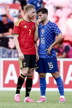 Belgium s Kevin De Bruyne and Croatia s Martin Baturina pictured during a friendly soccer game between Croatia and Belgian national soccer team Red Devils, in Rijeka, Croatia, on Tuesday 02 June 2026, part of the preparations for the 2026 FIFA World Cup, WM, Weltmeisterschaft, Fussball BRUNOxFAHY  x175759503x