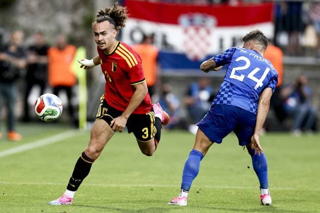 Belgium s Arthur Theate and Croatia s Marco Pasalic fight for the ball during a friendly soccer game between Croatia and Belgian national soccer team Red Devils, in Rijeka, Croatia, on Tuesday 02 June 2026, part of the preparations for the 2026 FIFA World Cup, WM, Weltmeisterschaft, Fussball BRUNOxFAHY  x175761267x
