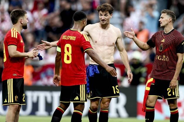 Belgium s Thomas Meunier and Belgium s Timothy Castagne pictured after a friendly soccer game between Croatia and Belgian national soccer team Red Devils, in Rijeka, Croatia, on Tuesday 02 June 2026, part of the preparations for the 2026 FIFA World Cup, WM, Weltmeisterschaft, Fussball BRUNOxFAHY  x175761876x