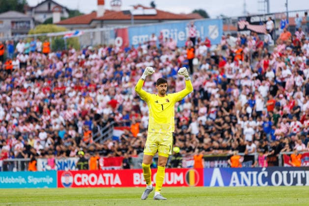 Thibaut Courtois Belgium 1 celebrates a goal during Pre World cup international friendly 2026 football match between Croatia and Belgium Stadion HNK Rijeka, Rijeka, Croatia 02 06 2026 Copyright: xBEAUTIFULxSPORTS Bosnjakovicx