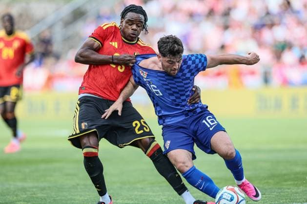 Belgium s Nathan Ngoy and Croatia s Martin Baturina fight for the ball during a friendly soccer game between Croatia and Belgian national soccer team Red Devils, in Rijeka, Croatia, on Tuesday 02 June 2026, part of the preparations for the 2026 FIFA World Cup, WM, Weltmeisterschaft, Fussball BRUNOxFAHY  x175763902x