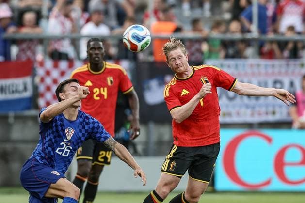 Croatia s Petar Musa and Belgium s Kevin De Bruyne fight for the ball during a friendly soccer game between Croatia and Belgian national soccer team Red Devils, in Rijeka, Croatia, on Tuesday 02 June 2026, part of the preparations for the 2026 FIFA World Cup, WM, Weltmeisterschaft, Fussball BRUNOxFAHY  x175763904x