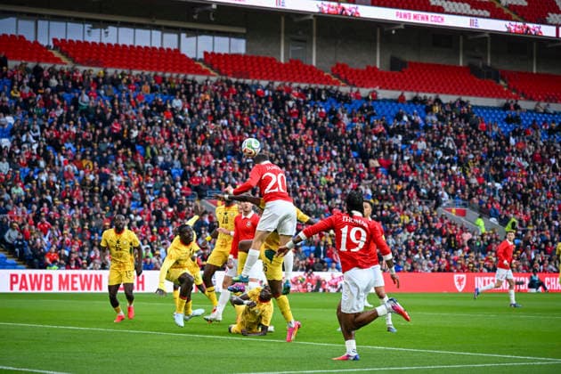 RECORD DATE NOT STATED 2nd June 2026; Cardiff City Stadium, Cardiff, Wales; Friendly International Football, Wales versus Ghana; Joshua Sheehan of Wales climbs high and heads the ball towards the goal AledxHopkins