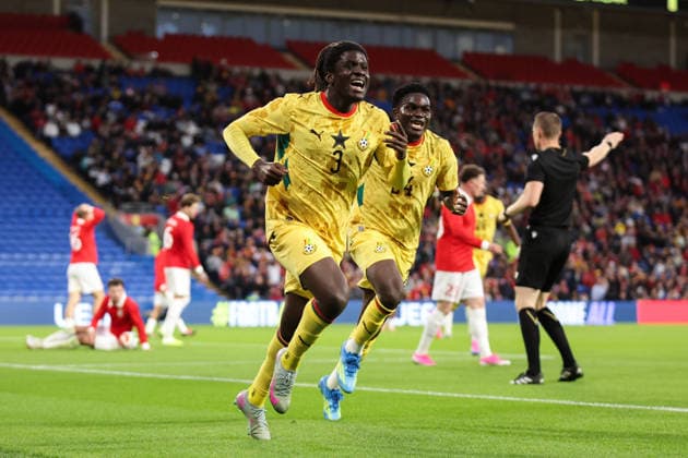 Cardiff, Wales, 2nd June 2026. Caleb Yirenkyi of Ghana celebrates his goal to make it 0-1 during the Wales vs Ghana International Friendly, Länderspiel, Nationalmannschaft match at the Cardiff City Stadium, Cardiff. Picture credit should read: Gareth Evans Sportimage EDITORIAL USE ONLY. No use with unauthorised audio, video, data, fixture lists, club league logos or live services. Online in-match use limited to 120 images, no video emulation. No use in betting, games or single club league player publications. SPI_022_GE_WALES_vs_GHANA SPI-4832-0021