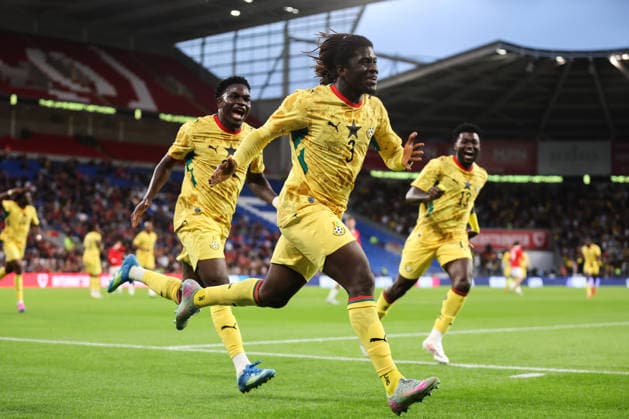 Cardiff, Wales, 2nd June 2026. Caleb Yirenkyi of Ghana celebrates his goal to make it 0-1 during the Wales vs Ghana International Friendly, Länderspiel, Nationalmannschaft match at the Cardiff City Stadium, Cardiff. Picture credit should read: Gareth Evans Sportimage EDITORIAL USE ONLY. No use with unauthorised audio, video, data, fixture lists, club league logos or live services. Online in-match use limited to 120 images, no video emulation. No use in betting, games or single club league player publications. SPI_024_GE_WALES_vs_GHANA SPI-4832-0023