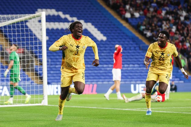 Cardiff, Wales, 2nd June 2026. Caleb Yirenkyi of Ghana celebrates his goal to make it 0-1 during the Wales vs Ghana International Friendly, Länderspiel, Nationalmannschaft match at the Cardiff City Stadium, Cardiff. Picture credit should read: Gareth Evans Sportimage EDITORIAL USE ONLY. No use with unauthorised audio, video, data, fixture lists, club league logos or live services. Online in-match use limited to 120 images, no video emulation. No use in betting, games or single club league player publications. SPI_021_GE_WALES_vs_GHANA SPI-4832-0025