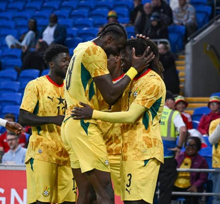 RECORD DATE NOT STATED 2nd June 2026; Cardiff City Stadium, Cardiff, Wales; Friendly International Football, Wales versus Ghana; Ghana celebrate after Caleb Yirenkyi of Ghana scores their sides first goal of the match in the 66th minute 1-0 AledxHopkins