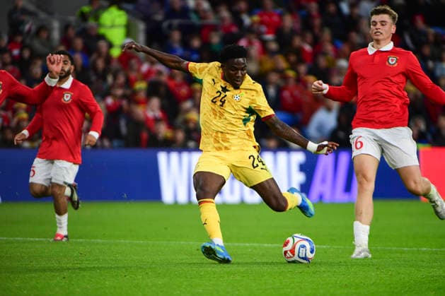 RECORD DATE NOT STATED 2nd June 2026; Cardiff City Stadium, Cardiff, Wales; Friendly International Football, Wales versus Ghana; Ernest Nuamah of Ghana taking a shot AledxHopkins