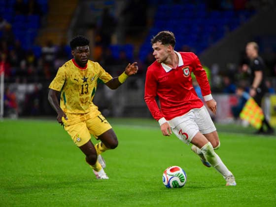 RECORD DATE NOT STATED 2nd June 2026; Cardiff City Stadium, Cardiff, Wales; Friendly International Football, Wales versus Ghana; Christopher Bonsu Baah of Ghana adds pressure to Neco Williams of Wales AledxHopkins