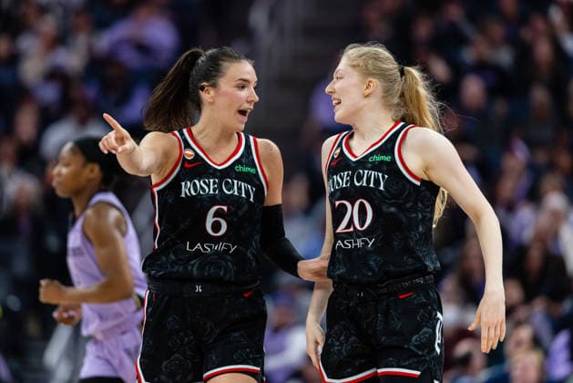 SAN FRANCISCO, CA - JUNE 02: Bridget Carleton 6 and Frieda Buhner 20 of the Portland Fire interact during a game against the Golden State Valkyries on June 2, 2026 at Chase Center in San Francisco, CA. (Photo by Matthew Huang Icon Sportswire) WNBA, Basketball Damen, USA JUN 02 Portland Fire at Golden State Valkyries EDITORIAL USE ONLY Icon260602013