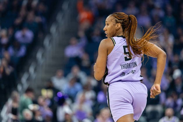 SAN FRANCISCO, CA - JUNE 02: Kayla Thornton 5 of the Golden State Valkyries runs back on defense after making a three during a game against the Portland Fire on June 2, 2026 at Chase Center in San Francisco, CA. (Photo by Matthew Huang Icon Sportswire) WNBA, Basketball Damen, USA JUN 02 Portland Fire at Golden State Valkyries EDITORIAL USE ONLY Icon260602003