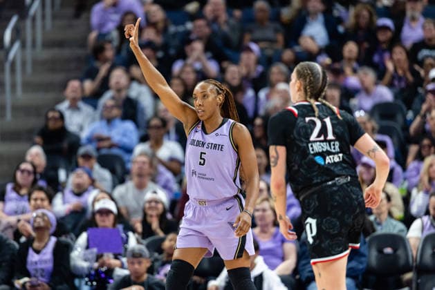 SAN FRANCISCO, CA - JUNE 02: Kayla Thornton 5 of the Golden State Valkyries raises a finger during a game against the Portland Fire on June 2, 2026 at Chase Center in San Francisco, CA. (Photo by Matthew Huang Icon Sportswire) WNBA, Basketball Damen, USA JUN 02 Portland Fire at Golden State Valkyries EDITORIAL USE ONLY Icon260602017