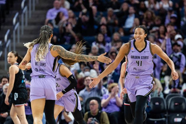 SAN FRANCISCO, CA - JUNE 02: Kiah Stokes 41 of the Golden State Valkyries reacts to making a three during a game against the Portland Fire on June 2, 2026 at Chase Center in San Francisco, CA. (Photo by Matthew Huang Icon Sportswire) WNBA, Basketball Damen, USA JUN 02 Portland Fire at Golden State Valkyries EDITORIAL USE ONLY Icon260602021
