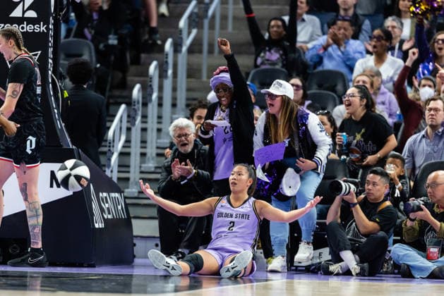 SAN FRANCISCO, CA - JUNE 02: Kaitlyn Chen 2 of the Golden State Valkyries reacts after making a shot at the end of the third quarter of a game against the Portland Fire against the Portland Fire on June 2, 2026 at Chase Center in San Francisco, CA. (Photo by Matthew Huang Icon Sportswire) WNBA, Basketball Damen, USA JUN 02 Portland Fire at Golden State Valkyries EDITORIAL USE ONLY Icon260602023