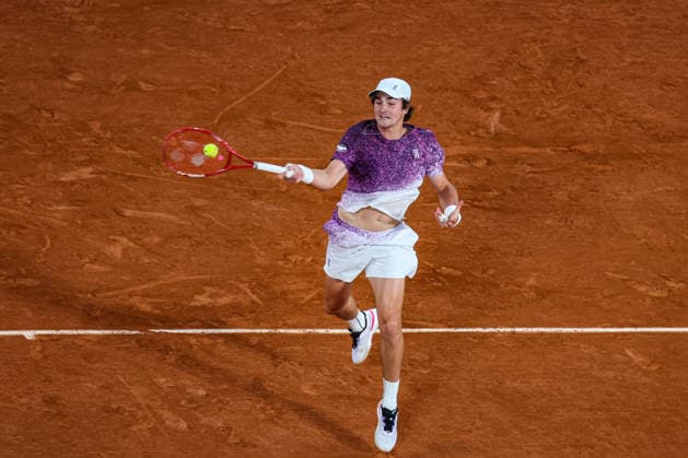 (260603) -- PARIS, June 3, 2026 -- Joao Fonseca hits a return during the men s singles quarterfinal match between Jakub Mensik of the Czech Republic and Joao Fonseca of Brazil at the French Open tennis tournament at Roland Garros, Paris, France, June 2, 2026. (Photo by Xinhua) (SP)FRANCE-PARIS-TENNIS-FRENCH OPEN-MEN S SINGLES-QUARTERFINAL GlennxGervot 