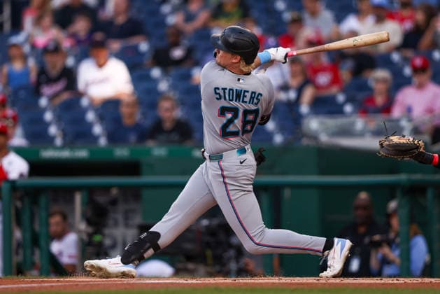 June 2, 2026, Washington D.C, District Of Columbia, United States: Washington, DC; Miami Marlins left fielder Kyle Stowers (28) grounds out during the Major League Baseball game between the Washington Nationals and the Miami Marlins at Nationals Park on Tuesday, June 2, 2026. The Marlins beat the Nationals 7-3. MLB, Baseball Herren, USA Miami Marlins 7:3 Washington Nationals  - ZUMAp258 20260602_znp_p258_087 Copyright: xStevexPrakopex