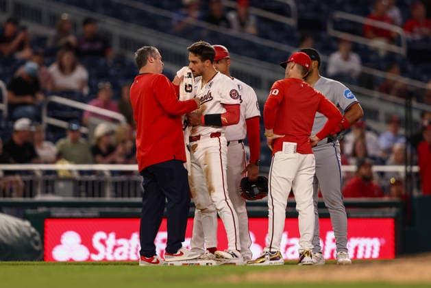 June 2, 2026, Washington D.C, District Of Columbia, United States: Washington, DC; Washington Nationals trainers check on Nationals catcher Drew Millas (14) during the Major League Baseball game between the Washington Nationals and the Miami Marlins at Nationals Park on Tuesday, June 2, 2026. The Marlins beat the Nationals 7-3. Washington D.C United States - ZUMAp258 20260602_znp_p258_068 Copyright: xStevexPrakopex