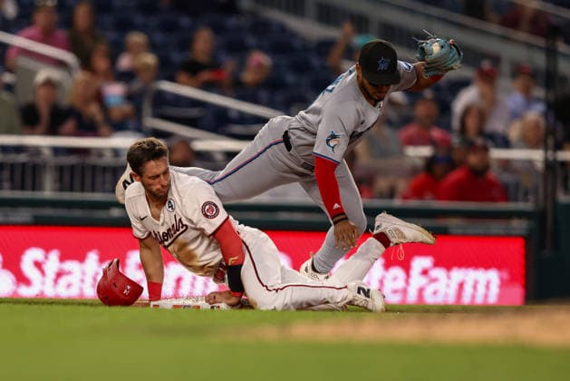 June 2, 2026, Washington D.C, District Of Columbia, United States: Washington, DC; Washington Nationals catcher Drew Millas (14) slides into third base during the Major League Baseball game between the Washington Nationals and the Miami Marlins at Nationals Park on Tuesday, June 2, 2026. The Marlins beat the Nationals 7-3. Washington D.C United States - ZUMAp258 20260602_znp_p258_073 Copyright: xStevexPrakopex