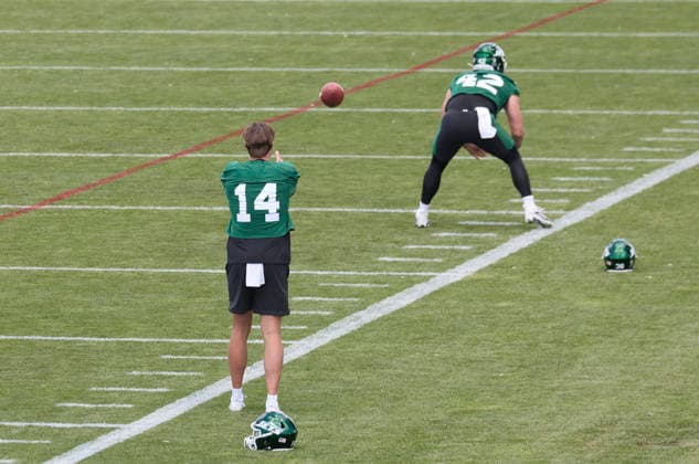 New York Jets punter Austin McNamara (14) during organized team activities at the Atlantic Health Jets Training Center, Florham Park, New Jersey on Tuesday June 2, 2026. CSM NFL, American Football Herren, USA 2026: New York Jets OTA June 02  - ZUMAc04_ 20260603_zma_c04_013 Copyright: xDuncanxWilliamsx