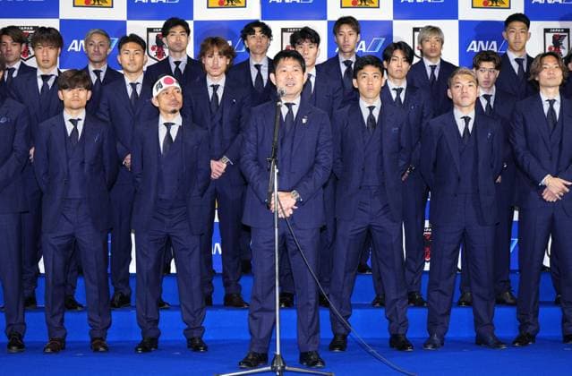 Football: Japan players departing for Mexico Hajime Moriyasu, manager of the Japan men s national football team, speaks at a ceremony at Narita airport in Chiba Prefecture, near Tokyo on June 2, 2026, marking the squad s departure for a pre-World Cup camp in Monterrey, Mexico.  A14AA0005617540P