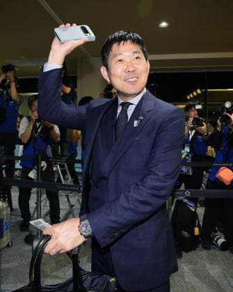 Football: Japan players departing for Mexico Hajime Moriyasu, manager of the Japan men s national football team, waves at Narita airport in Chiba Prefecture, near Tokyo, on June 2, 2026, ahead of the team s departure for pre-World Cup camp in Monterrey, Mexico.  A14AA0005617543P