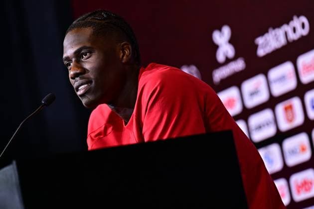 Belgium s Amadou Onana pictured during a press conference, PK, Pressekonferenz of Belgian national soccer team Red Devils for the 2026 FIFA World Cup, WM, Weltmeisterschaft, Fussball at the Proximus Basecamp in Tubize, on Wednesday 03 June 2026. The 2026 FIFA World Cup will take place in the United States, Mexico, and Canada from 11 06 to 19 07. BRUNOxFAHY  x175809003x