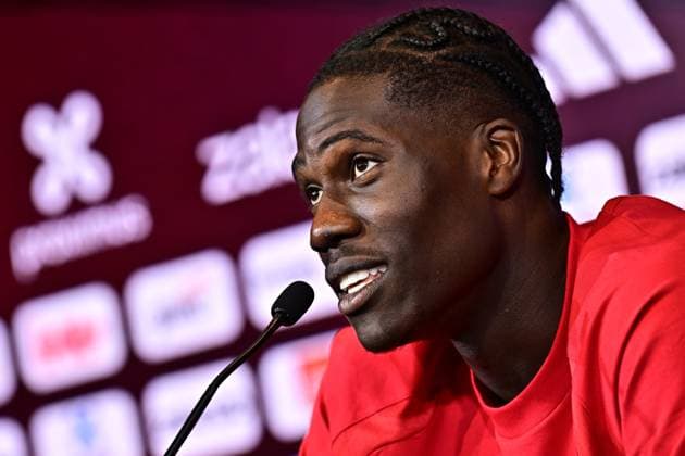 Belgium s Amadou Onana pictured during a press conference, PK, Pressekonferenz of Belgian national soccer team Red Devils for the 2026 FIFA World Cup, WM, Weltmeisterschaft, Fussball at the Proximus Basecamp in Tubize, on Wednesday 03 June 2026. The 2026 FIFA World Cup will take place in the United States, Mexico, and Canada from 11 06 to 19 07. BRUNOxFAHY  x175809014x