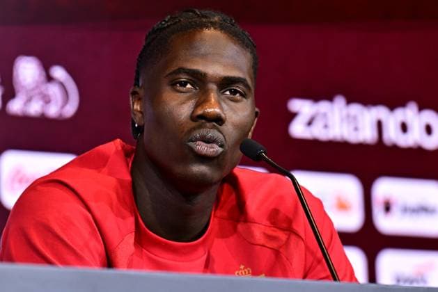 Belgium s Amadou Onana pictured during a press conference, PK, Pressekonferenz of Belgian national soccer team Red Devils for the 2026 FIFA World Cup, WM, Weltmeisterschaft, Fussball at the Proximus Basecamp in Tubize, on Wednesday 03 June 2026. The 2026 FIFA World Cup will take place in the United States, Mexico, and Canada from 11 06 to 19 07. BRUNOxFAHY  x175809027x