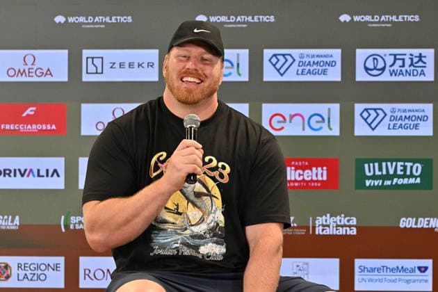 Foto IPP Roberto Ramaccia Roma 3 6 2026 Golden Gala Pietro Mennea 2026 press conference, PK, Pressekonferenz in Rome Nella foto Ryan Crouser Shot Put Men during the press conference at the Golden Gala in Rome. Italy Photo Press - World Copyright Roma italy Italia ITALY  Copyright: xR4924_italyphotopressx